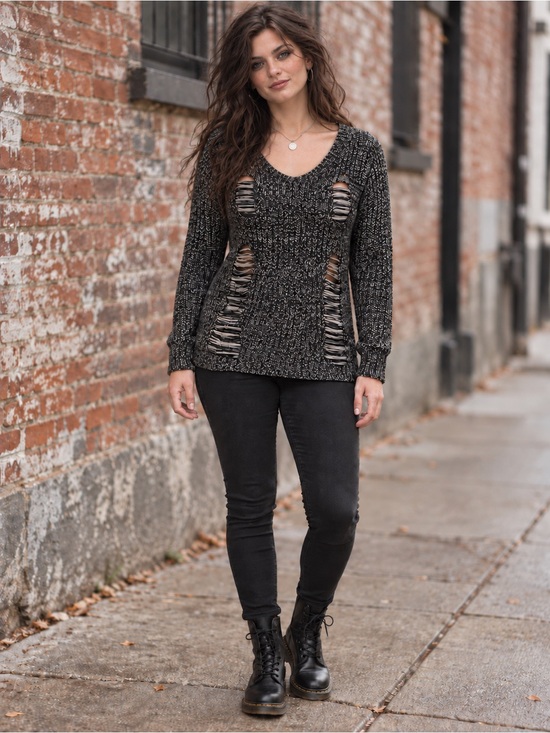 Ashley By 26 International Sweaters - Ashley by 26 International Black & White Distressed V-Neck Sweater